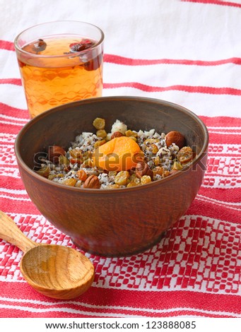 Christmas food - kutya, ritual porridge of rice, raisins, dried apricots, honey and poppy