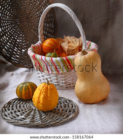 An edible sweet pumpkin and decorative pumpkins is in a basket.