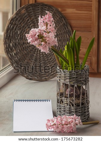 Pink hyacinth and notebook with a blank page on the window