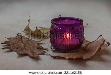 Glass candle holder with burning candle near the leaves