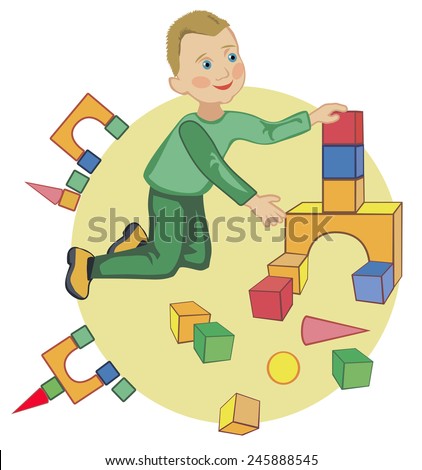 Blonde kid builds a house out of blocks