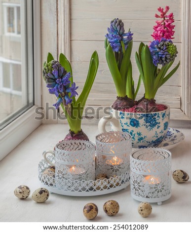 Hyacinths in vintage cups and candlesticks with lighted candles on the window