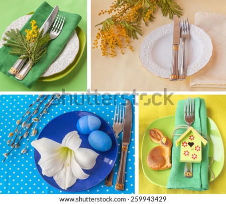 Holiday decoration of the Easter table with a thin captain by a young hare and card for a guest