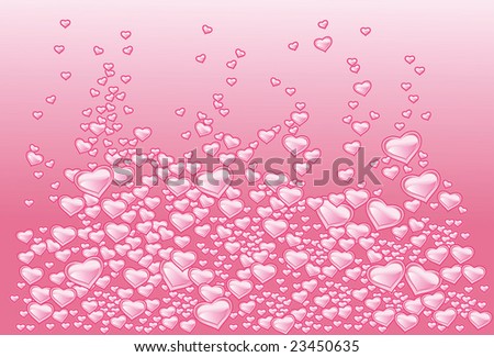Pink background with risings hearts as bubbles of champagne