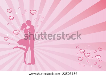 An in love pair dances on a background with rays and hearts and stars