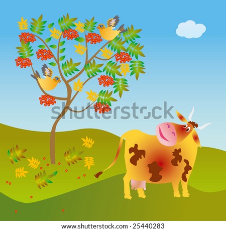 The surprised cow looks a red wild ash which is pecked by birds, and understands is a pancake, already autumn, and soon New Year... It is time to prepare!