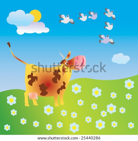 The surprised cow looks at the covey of birds