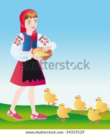 a poultry-maid feeds with little chickens porridge