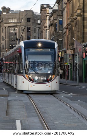 Scotland, Edinburgh, May 24, 2015, Edinburgh Tram approaching Edinburgh Park Stop.