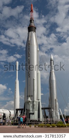 Rocket garden at Cape Canaveral, Kennedy Space Center with blue cloudy sky background. Elements of this image furnished by NASA