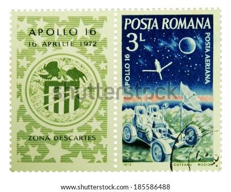 ROMANIA, 1972: postage stamp depicting astronauts on a Moon Rover celebrating Apollo 16, 1972