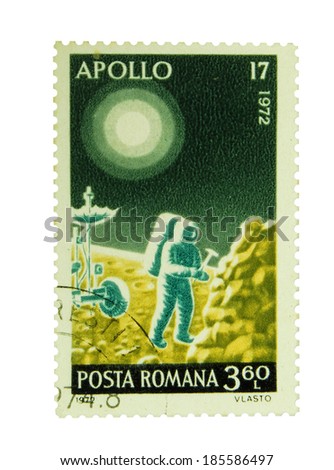 Romania, 1972: postage stamp depicting astronaut on the Moon, celebrating Apollo 17, 1972