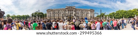 Guard Change Times at Buckingham Palace, Loandon. Time 11:15 Guards,with bands start arring. Time11:30 Official start time. Time 12:00 Guard change ceremony ends