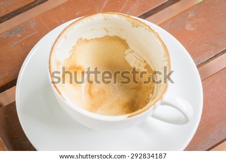 Coffee stains on a  cup of coffee   in a white cup on wooden background