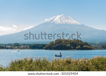 Mount Fuji from Kawaguchiko in march.Snow-capped Mount Fuji with clear sky background