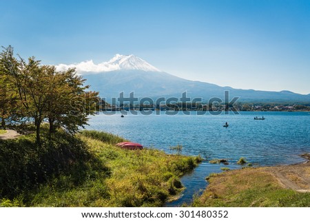 Mount Fuji from Kawaguchiko in march.Snow-capped Mount Fuji with clear sky background