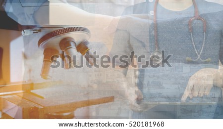 Double exposure of Agreement on Cooperation in the field of medicine.chemistry microscope, medicine and medical concept,doctor hand with Stethoscope making research in clinical laboratory science