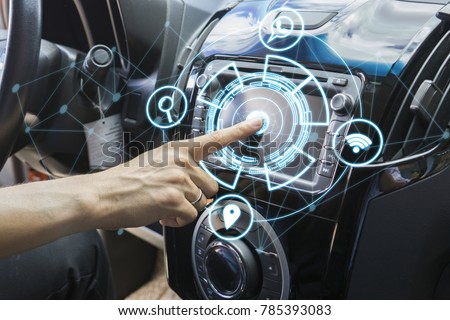 vehicle and graphical user interface(GUI). intelligent car,car system control pushing panel button screen modern design   Internet of Things(IOT),Transportation,technology and vehicle concept