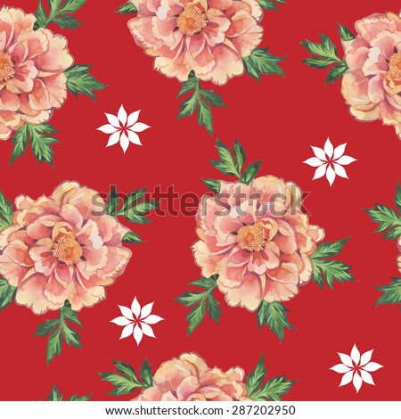 Watercolor peony pattern. Seamless floral pattern of Chinese-style on a red background.