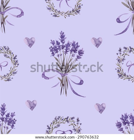 Gentle watercolor pattern in the style of Provence. Bouquets and wreaths of lavender on purple background.