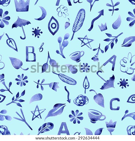 Blue watercolor things pattern. Children seamless pattern of simple watercolor objects.