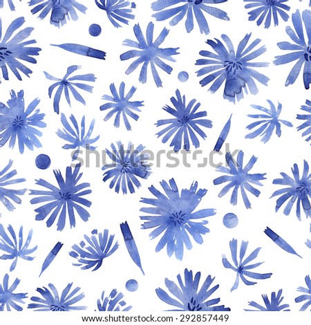 Watercolor flowers chicory pattern. Simple summer pattern of watercolor flowers. Seamless watercolor pattern on a white background.