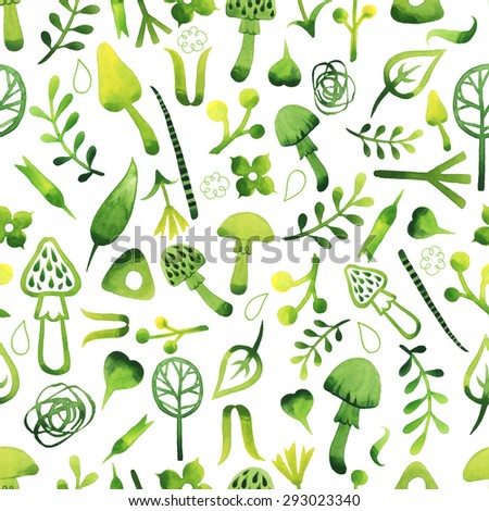 Green watercolor mushrooms pattern. Cheerful pattern of green mushrooms on a white background. Seamless watercolor pattern.