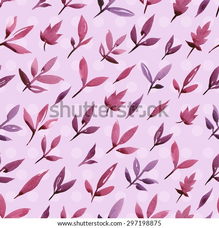 Watercolor purple leaves pattern. Seamless watercolor pattern of simple leaves. Leaves on a simple pink background.