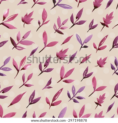 Watercolor purple leaves pattern. Seamless watercolor pattern of simple leaves. Leaves on a simple beige background.