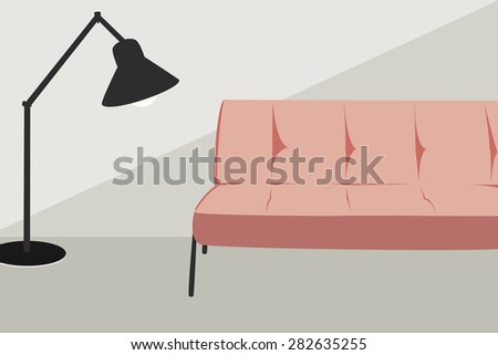 Minimalistic pink sofa and black lamp