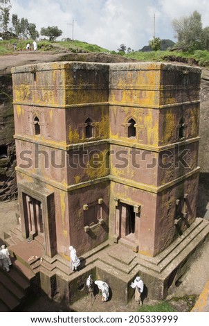 LALIBELA, ETHIOPIA - AUG 22, 2007 - The Church of St. George is one of eleven monolithic churches in Lalibela on August 22, 2007 in Lalibela, Ethiopia. These churches are World Heritage Sites.