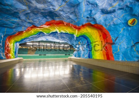 STOCKHOLM, SWEDEN - JUNE 10, 2014:  Stadion metro  station is full of sculptures and signs designed in the rainbow colors of the Olympic rings on June 10, 2014 in Stockholm, Sweden.