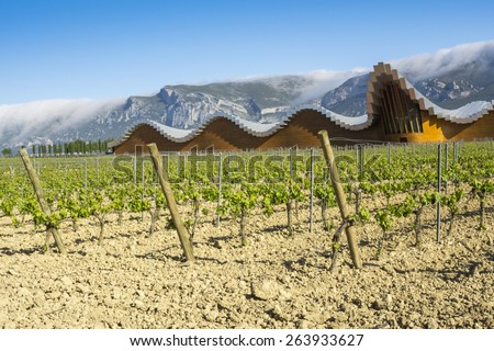 LAGUARDIA, SPAIN - MAY 9: The modern winery of Ysios on May 9, 2014 in Laguardia, Basque Country, Spain This modern winery, designed by Santiago Calatrava, was built in 2001.