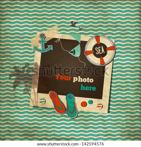 Vintage nautical scrap wavy template with photo frame lifebuoy swimsuit flip-flops anchor palm tree birds heart and buttons Vintage nautical scrap wavy template with photo frame lifebuoy swimsuit flip-flops anchor palm tree birds heart and buttons