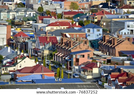 Suburban houses with a range of architectural styles, Hobart, Tasmania, Australia - stock photo