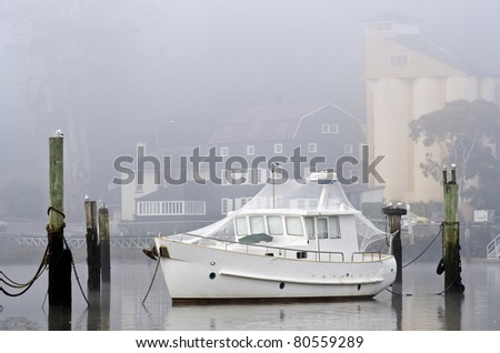 White boat covered with bird netting in mist, Launceston, Tasmania, Australia