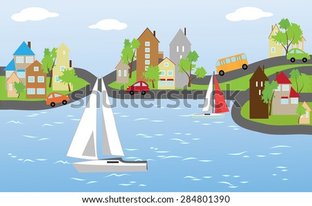 Promenade of the seaside town, buildings reflected in the water, floating on water yacht