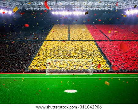Flag Belgium of fans! Evening stadium arena soccer field championship win! Confetti and tinsel
