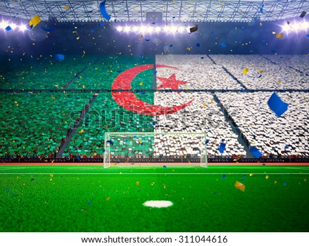 Flag Algeria of fans! Evening stadium arena soccer field championship win! Confetti and tinsel