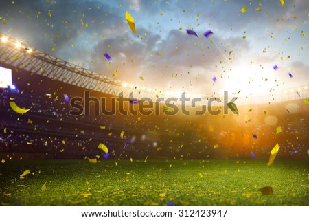 Evening stadium arena soccer field championship win! Confetti and tinsel . Yellow toning