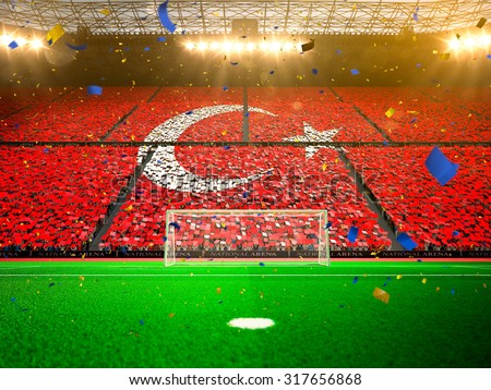 Flag Turkey of fans. Evening stadium arena Yellow