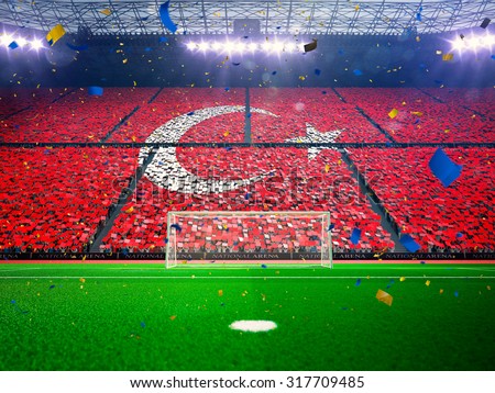 Flag Turkey of fans. Evening stadium arena Blue