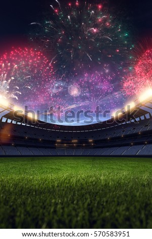 Stadium night light without people fireworks 3D rendering