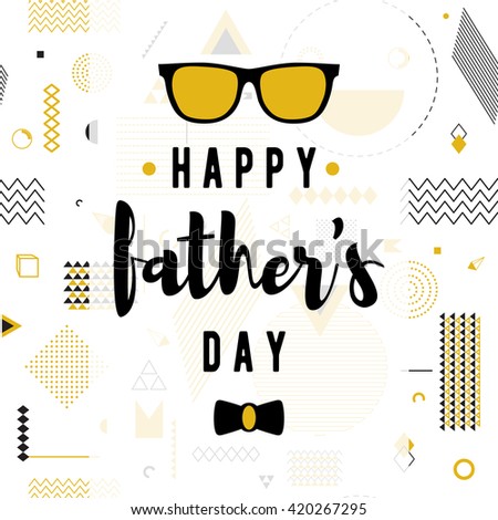 Happy fathers day wishes vector background on seamless geometric pattern. Fashion lettering greeting card for print or web design with bow, glasses. Modern holiday illustration. Hipster gold style