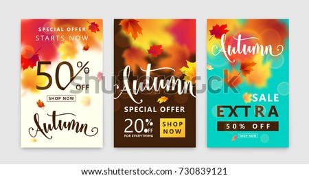 Colorful autumn poster set. Fall sale background with bright maple leaves, light effect, season type lettering discount text sign 50 percent, 20 Off everything. Vector illustration