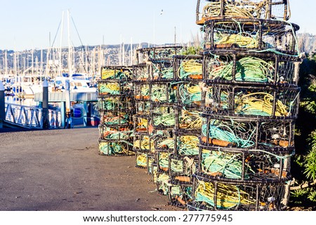 Crab traps stacked at Everyville Marina, Emeryville, California.