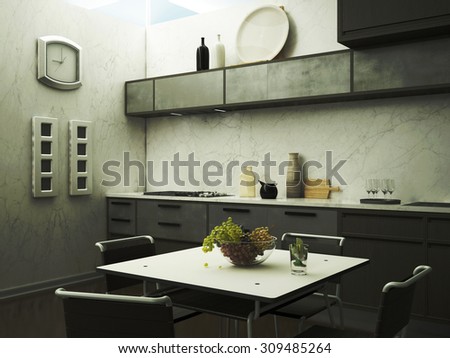 The kitchen. Kitchen corner with grapes. 3D illustration.
