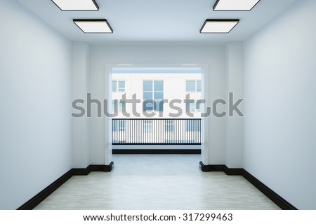 Empty white room with a balcony and interior decoration. The room contains lamps and plinth. 3d illustration.