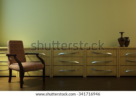 3d illustration part of an interior room with a chair and side table with vases