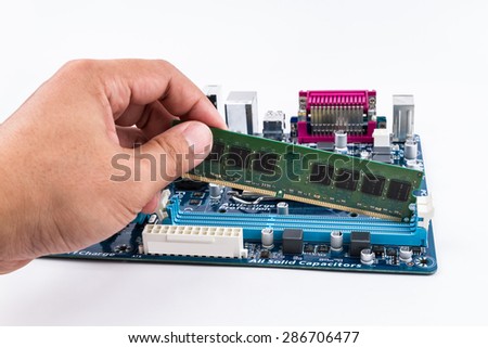 Hand Installing a SDRAM Module on PC Mainboard.
